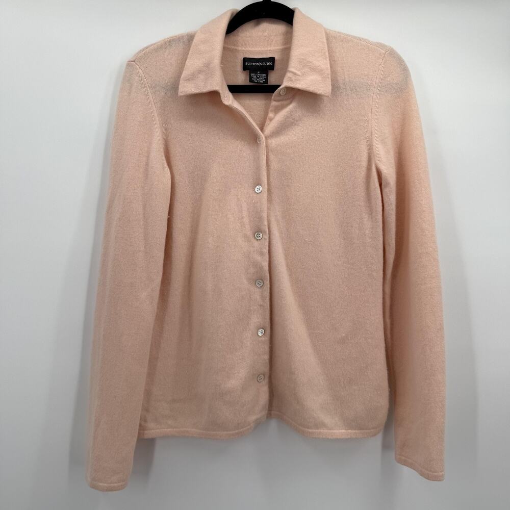 Sutton Studio Cardigan Sweater Womens Medium Pink 100% Cashmere Button Front‎